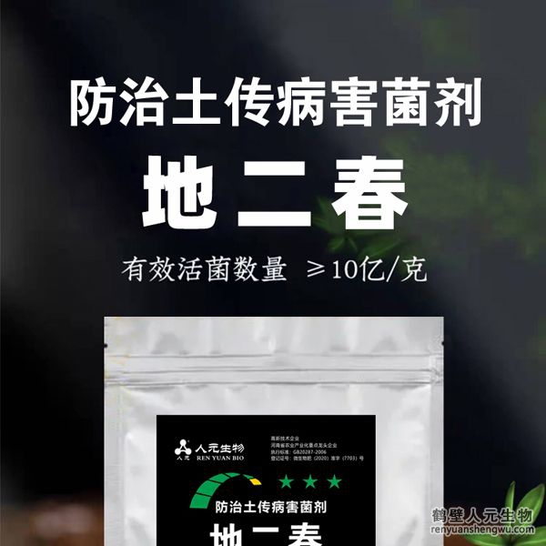 【地二春】土傳病害防治菌劑由河南省微生物菌劑工程技術(shù)研究中心研制，鶴壁市人元生物技術(shù)發(fā)展有限公司生產(chǎn)，本品根據(jù)土壤生態(tài)環(huán)境及土傳病害機理，以枯草、地衣芽孢桿菌、哈茨木霉菌、放線菌、白僵菌、綠僵菌及淡紫擬青霉等菌群為主，經(jīng)特殊培養(yǎng)精心研制而成的新一代抗土傳病害復合微生物菌劑。