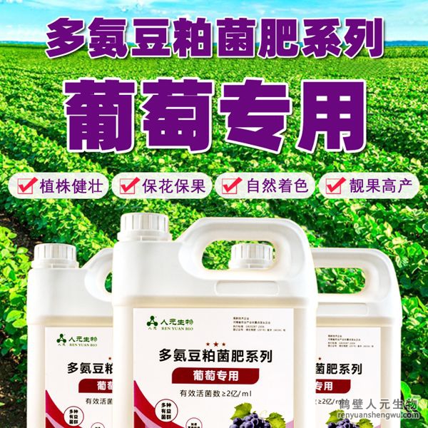 多氨豆粕菌肥系列葡萄專用肥由河南省微生物菌劑工程技術(shù)研究中心研制，鶴壁市人元生物技術(shù)發(fā)展有限公司生產(chǎn)，本品是以固態(tài)發(fā)酵豆粕為主要原料，豆粕經(jīng)過有益微生物菌種發(fā)酵分解，充分釋放游離氨基酸，同時(shí)輔以枯草、地衣、膠凍樣芽孢桿菌等有益菌群。